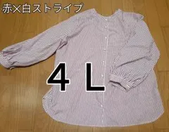 赤×白ストライプ 長袖ブラウス4L:レディース大きいサイズ:シャツ:チュニック