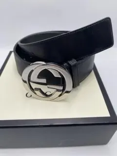 GUCCI グッチ ブラックインターロッキングG レザーベルト ダブルGロゴ