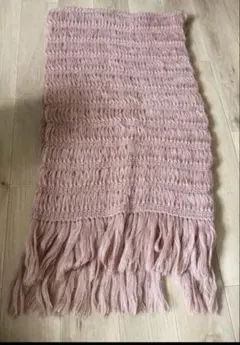 ピンク ニット 大判マフラー フリンジ付き