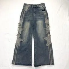 ワイドデニム サイドライン 星 ダメージ加工 韓国ストリート Y2K ブルー L