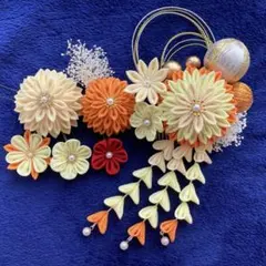 成人式髪飾り　つまみ細工髪飾り　オレンジ系