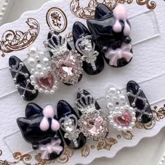 ネイルチップ 量産型 地雷 サブカル 天使界隈 黒 ピンク 猫 リボン ハート