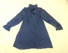 セシルマクビー タイリボン ドット柄 フリル付 七分袖 ロングシャツ チュニック