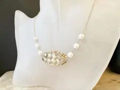 K18　アコヤ真珠　デザインネックレス　アンティーク調　透かし