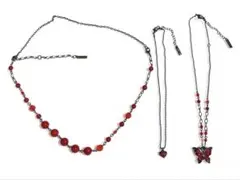 ANNA SUI 蝶モチーフ 3連ネックレス　ビーズ　レッド　赤