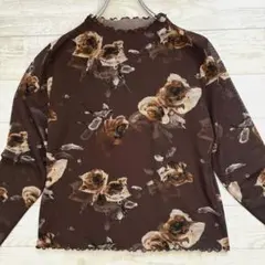 シニア 長袖トップス ブラウン系 花柄 昭和 レトロ ミセス 婦人服 秋冬用