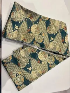 【新古品】半幅帯 緑と金の花模様