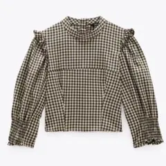 ZARA クロップド丈 トップス チェック柄 フリル付き長袖シャツ 7分袖 XS