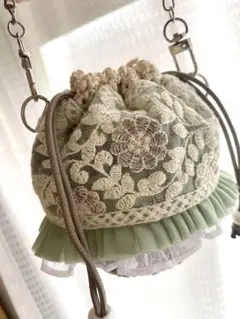 ハンドメイド バッグチャーム35インド刺繍ポーチ巾着花柄フリルカゴ編み推しカラー