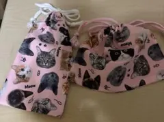ハンドメイド巾着 猫の顔柄巾着2つセット