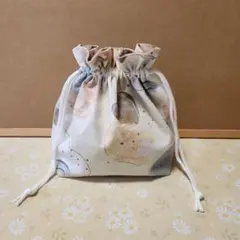 ハンドメイドベージュ系プリント巾着袋