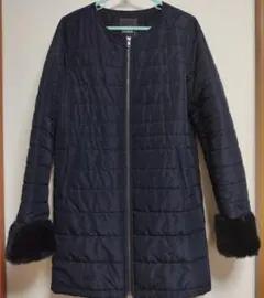 HKWORKSLONDON ノーカラーコート M ファー付き ダークネイビー