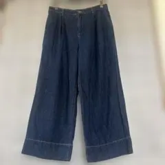 レディース　ワイドデニムパンツ ダークブルー LL ゆったり　ウエスト後ろゴム