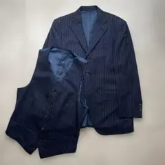 麻布テーラー ツーピース ジャケット ベスト ストライプ ブルー ネイビー L
