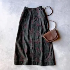 プランテーションPlantation　デニムスカート　刺繍　ブラック　綿100%