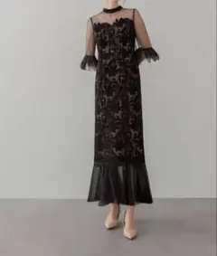 フラワーレースドットストーンチュールIラインワンピースドレス美脚効果結婚式
