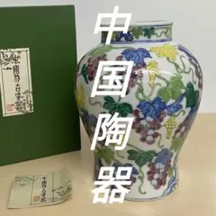 中国陶器　骨董　ぶどう柄　染付　色絵　花瓶 　花入　花生　フラワーベース【Y】