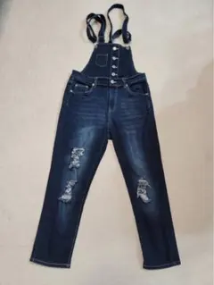 ダメージ加工ダークブルーサロペット