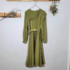 ヴィンテージワンピース 長袖 刺繍 グリーン 個性的 レトロ 花柄 昭和