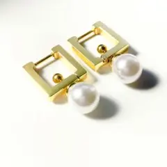 4WAY スクエアパールピアス サージカルステンレス フープピアス 大人気