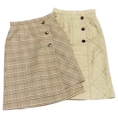 美品　古着　ラップスカート　チェック　ツイード　2点セット　Fベージュ&ブラウン
