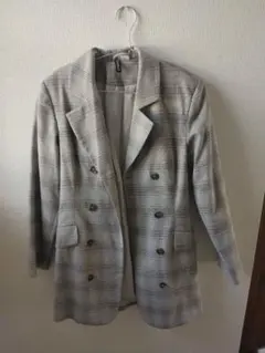 H&M XS チェック柄 ダブルボタン ロング テーラードジャケット グレー