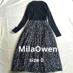 ミラオーウェン バルーンスカートドッキングリブニットワンピース黒ブラック花柄