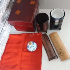 【煎茶道具一式】提籃 茶器セット 湯呑5客 竹籠 茶合付 野点 収納箱のサムネイル