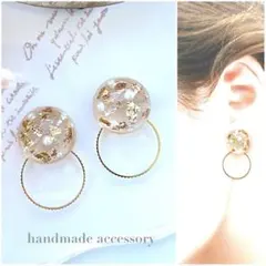 NO.645再販☆パール/箔/フープ/2wayイヤリング/ピアス/ピンクベージュ