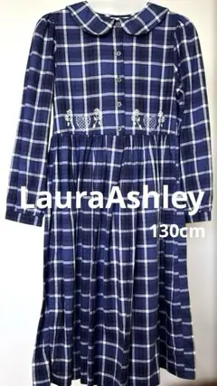 LauraAshley（ローラアシュレイ）チェックワンピース　刺繍　青　130