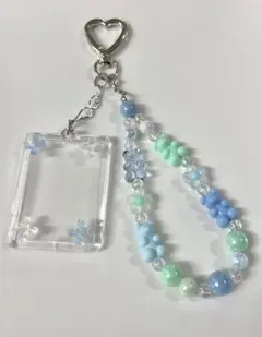 ビーズストラップとフォトケースつきチャーム　ハートくまリボン