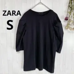 ZARA　ザラ　ブラック パフスリーブ カットソー 半袖　異素材　Sサイズのサムネイル