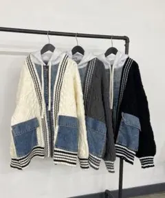 フリーサイズ デニム×ニット ケーブルニット フードパーカー ホワイト アウター