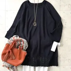 タグ未使用＊レリアン コットン混チュニックカットソー 9号 濃紺ネイビー 8分袖