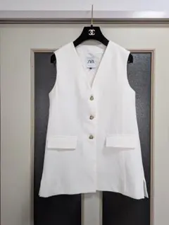 ZARA☆テーラードロングジレXS　白　ホワイト