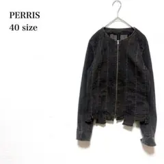 PERRISノーカラーデニムジャケット 40 ジップアップ ステッチデザイン