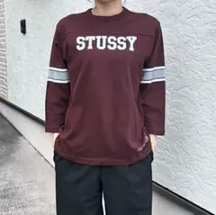 STUSSY フットボール 七分袖 Tシャツ バーガンディ S（M相当）