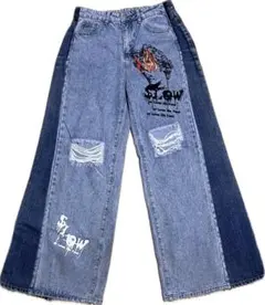 リメイクダメージジーンズ　フレアデニム リメイクデニム　ワイドレッグ　ドッキング