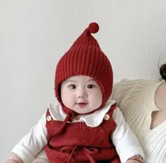 ベビー ボンネット ニット帽 赤ちゃん 帽子 とんがり リブ編み ポンポン 赤