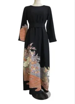 留袖ワンピース　留袖ドレス　着物リメイクロングワンピース　ハンドメイド　黒留袖