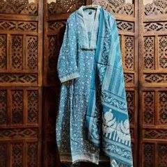 インド クルタワンピースセット 植物プリント くすみブルー【63-12】