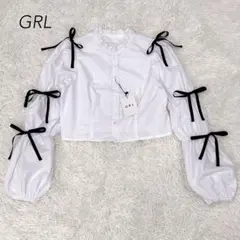 【新品】GRL グレイル リボン　ギャザースリーブ　ショート丈　ブラウス　シャツ
