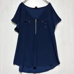 フラワーアンドフェザー【L】無地 ブラウス ジップ 半袖 紺 ポリ オフィス