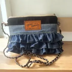 ハンドメイド　デニムバッグ　サコッシュ　ショルダーバッグ　フリル　バッグ