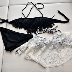 ストライプ (ブラック、ホワイトレース)水着3点セット