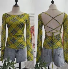 シアー シースルー 黄色 チェック バックオープン トップス 個性的 目立つ