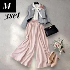 【新品有】春色ママスーツ3点 M ツイード×ボウタイ ロペピ 入学式 体型カバー