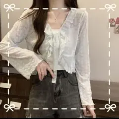 カーディガン 長袖 羽織り 韓国 シアー レース 透かし編み Vネック