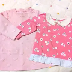 ピンク花柄スモックと虹柄ロンパースセット