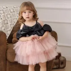 【写真映え】ピンク ブラック チュールドレス　74～104サイズ　結婚式 発表会